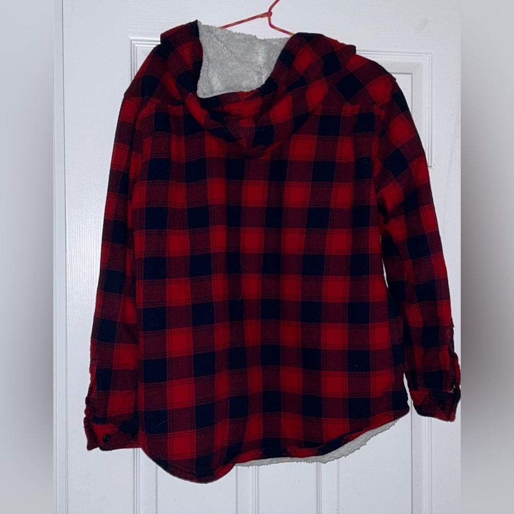 Fuzzy Flannel Button Up With Hood - image 2